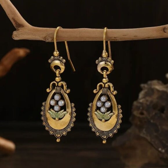 Private Label Jewelry - NEW Victorian Delicate Seed Pearl Embellished Golden Drop Earrings